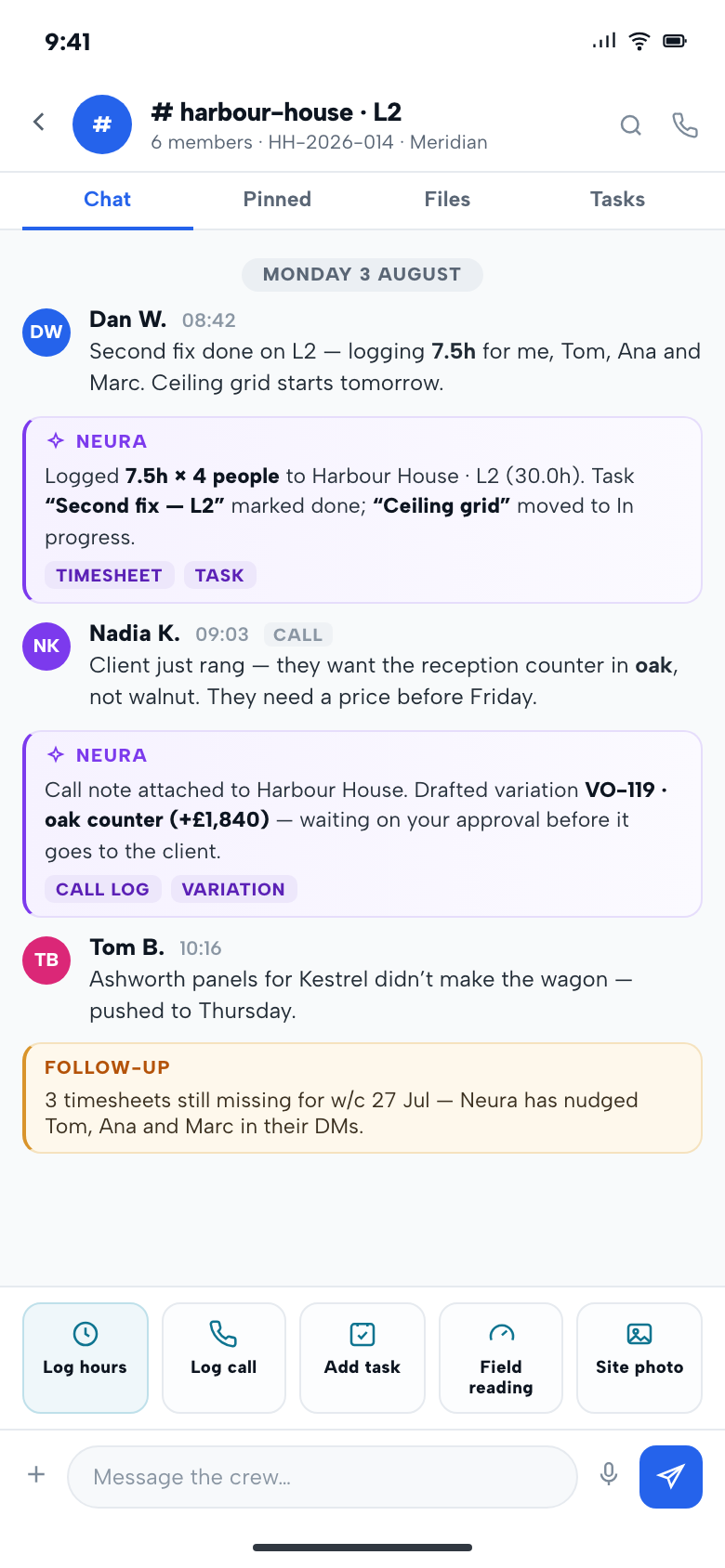 Neonbee Crew on mobile — capture from the chat