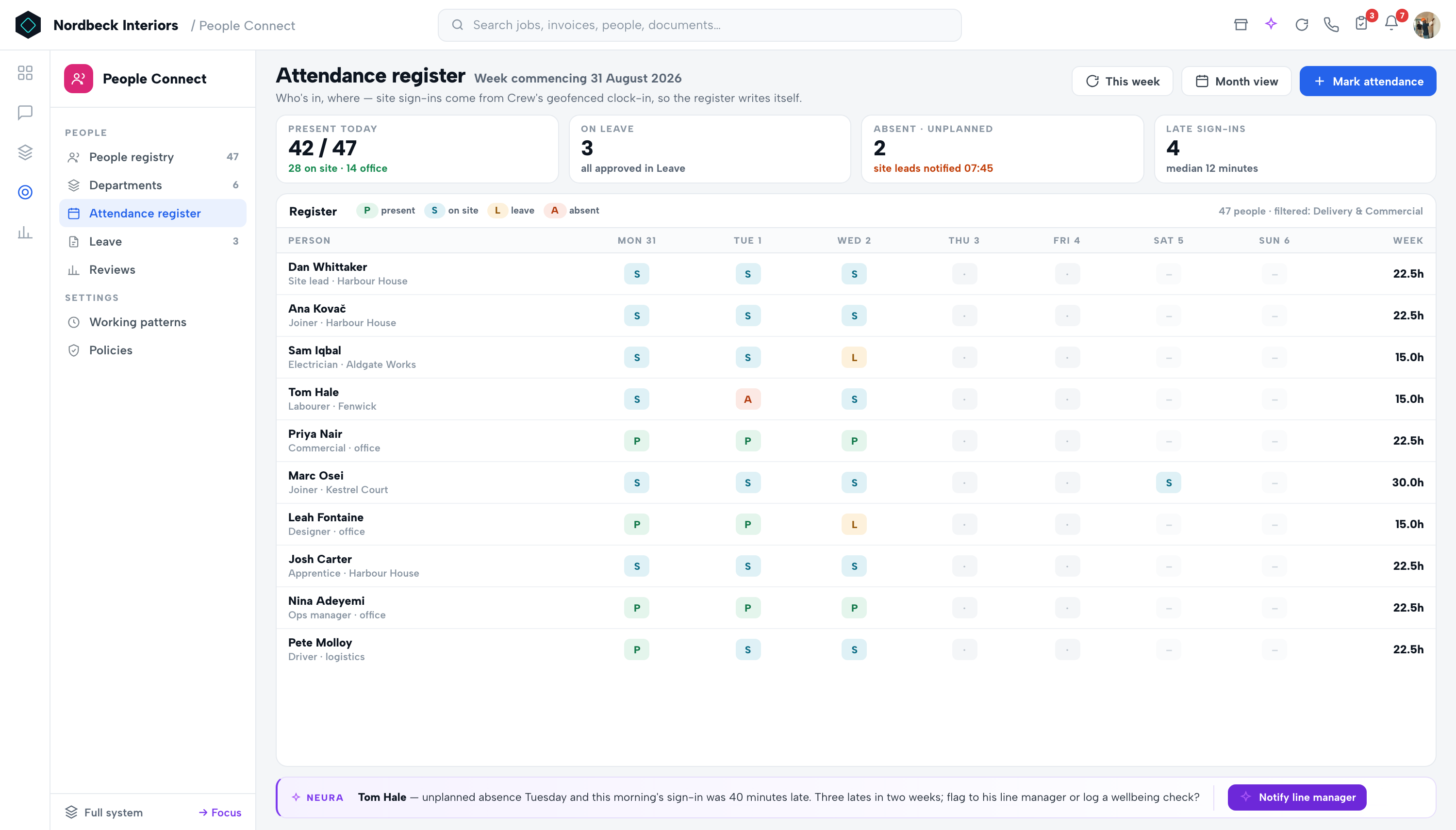 People Connect — Attendance register
