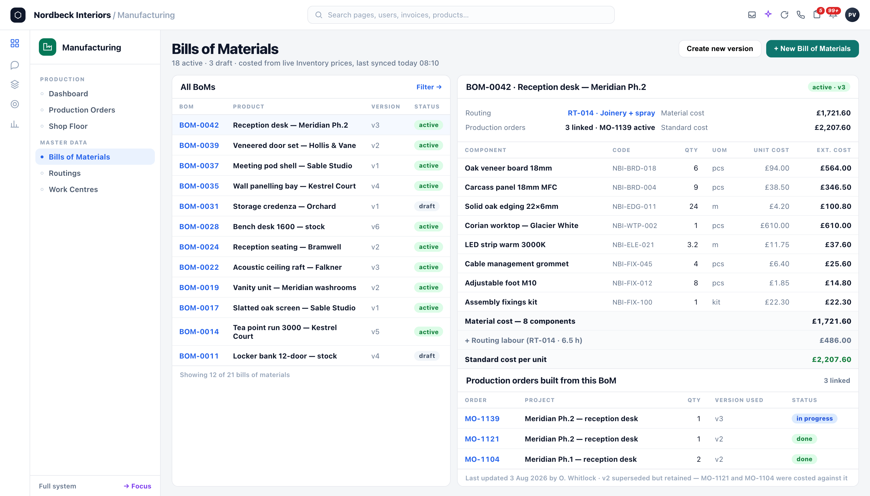 Manufacturing — Bills of Materials with costed versions