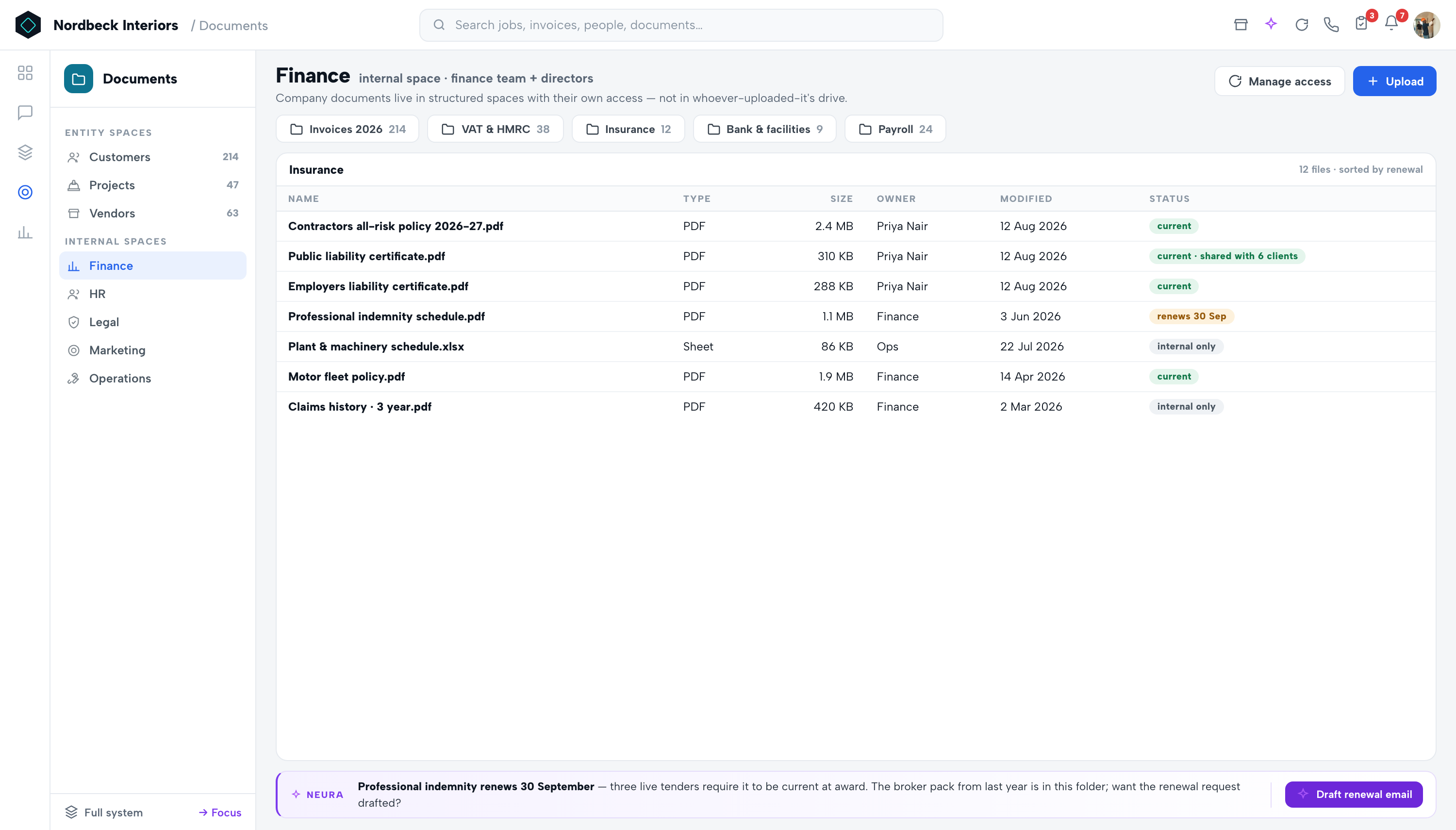 Documents — Internal spaces (Finance, HR, Legal…)