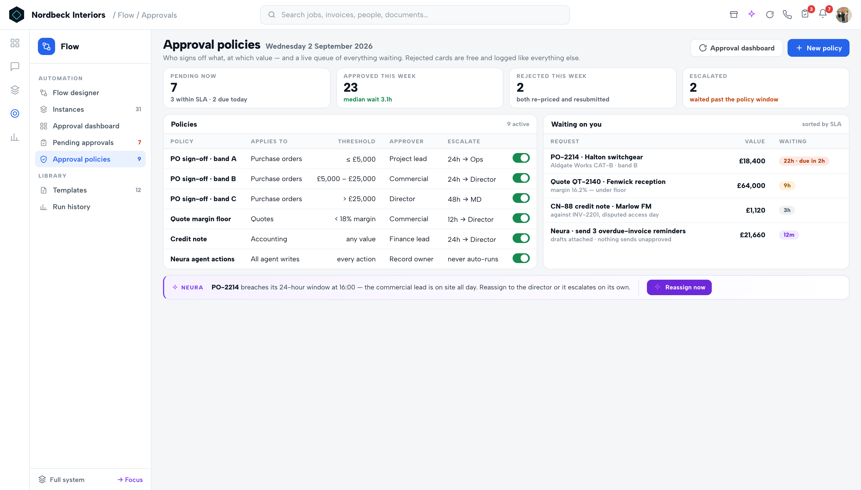 Flow — Approval policies & dashboard