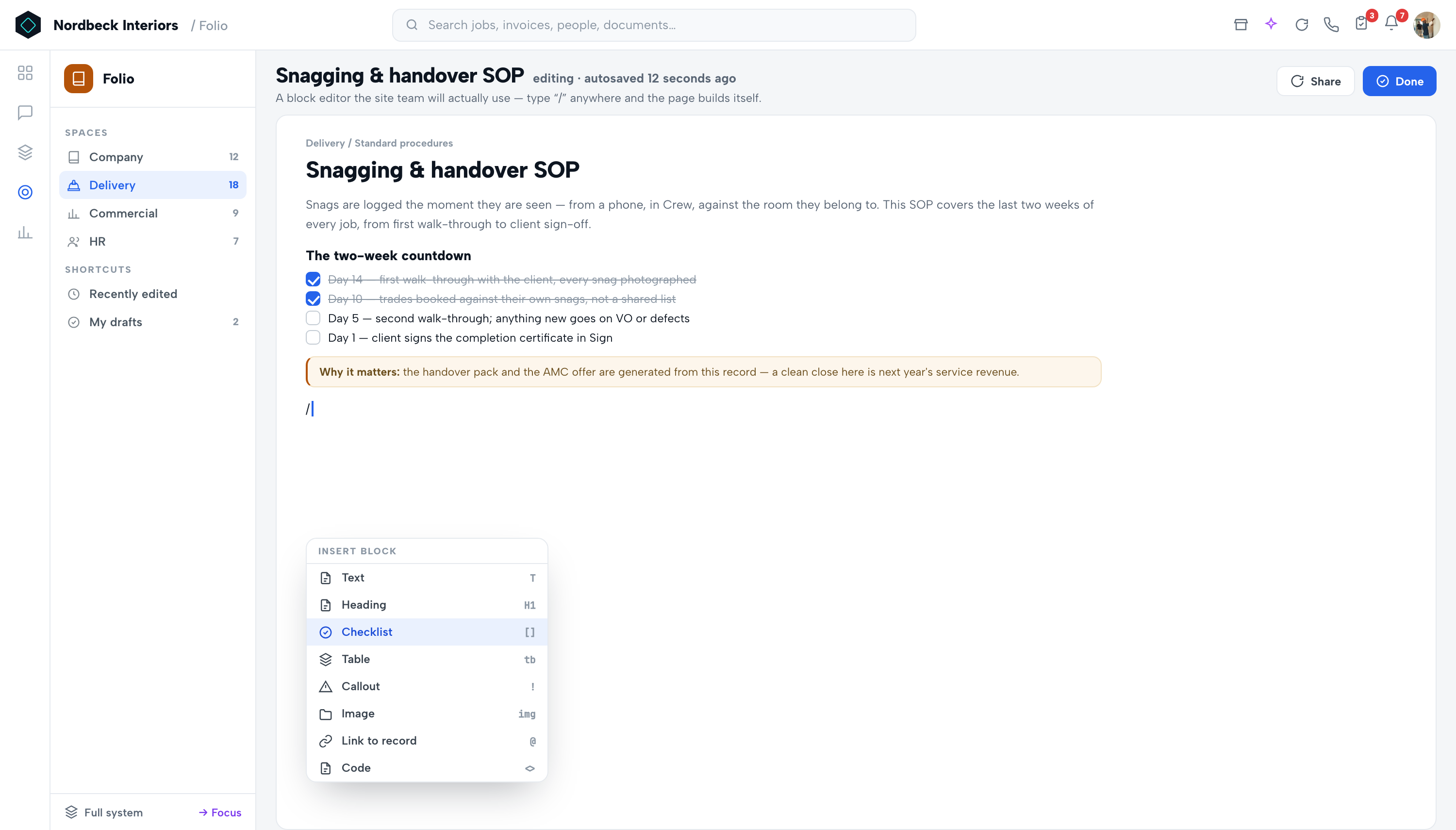 Folio — Block editor with slash commands