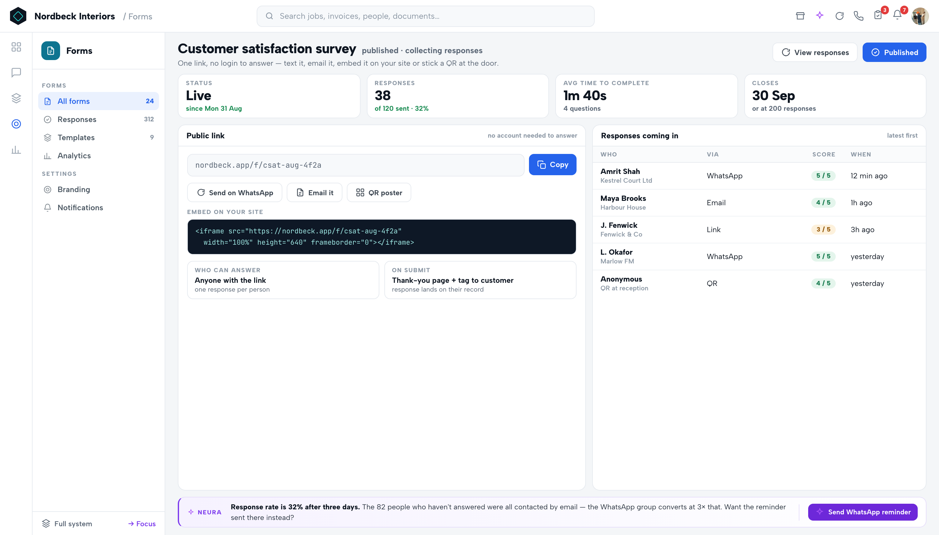 Forms — Public links & embed codes