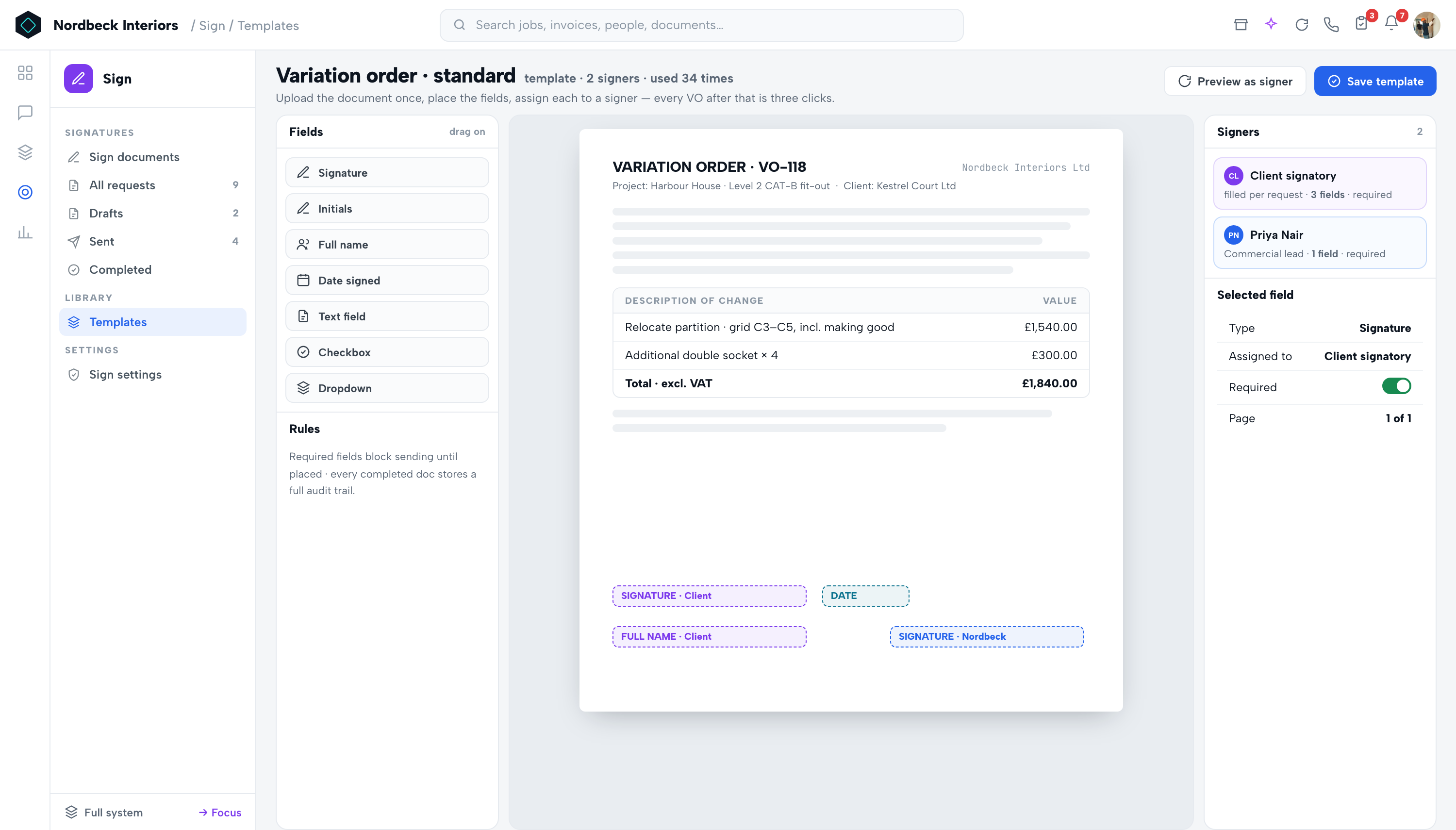 Sign — Templates & field designer