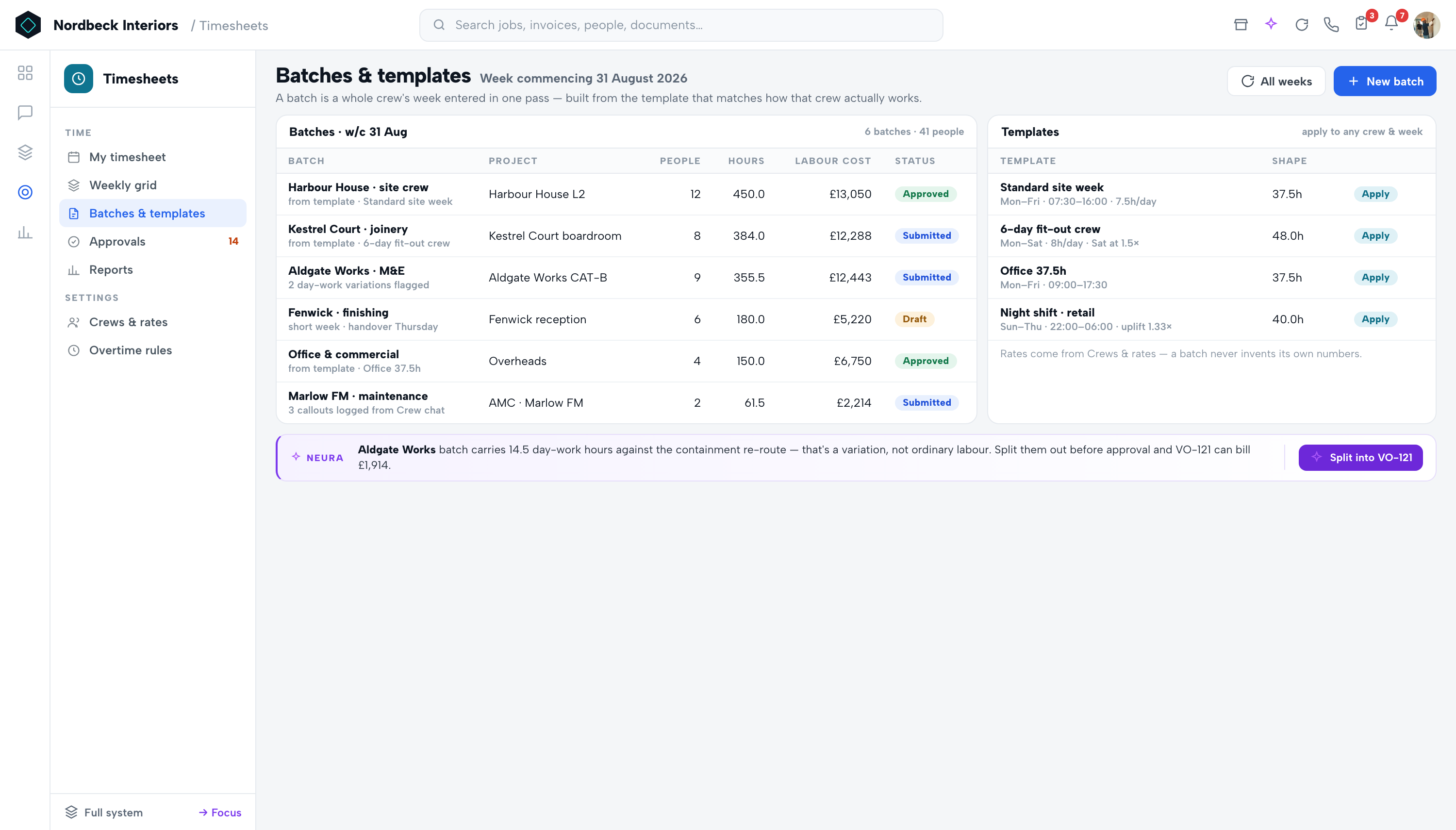 Timesheets — Batches & templates